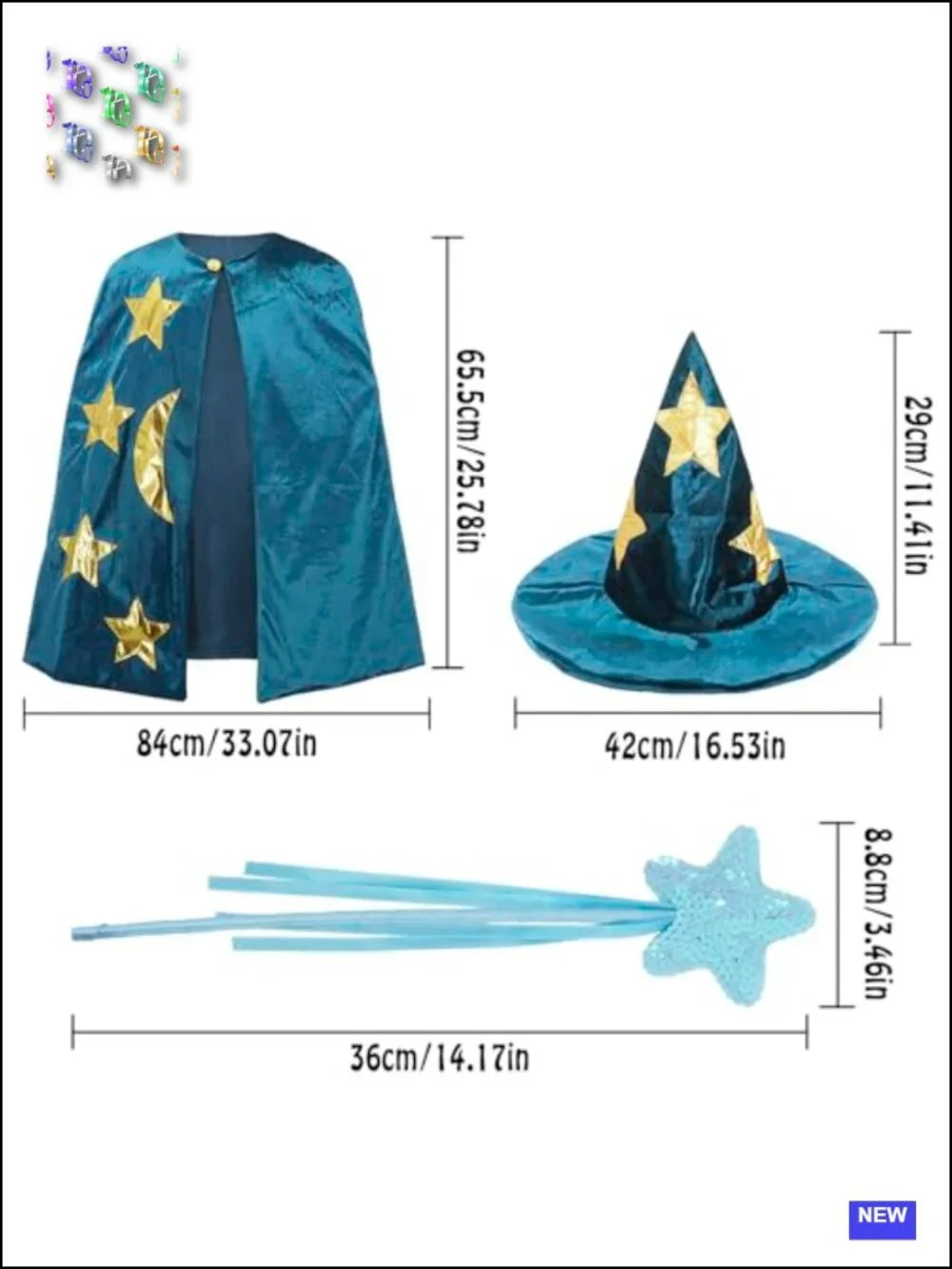 Kids Wizard Costume Set with Cape, Hat & Wand Halloween Cosplay Party Fancy